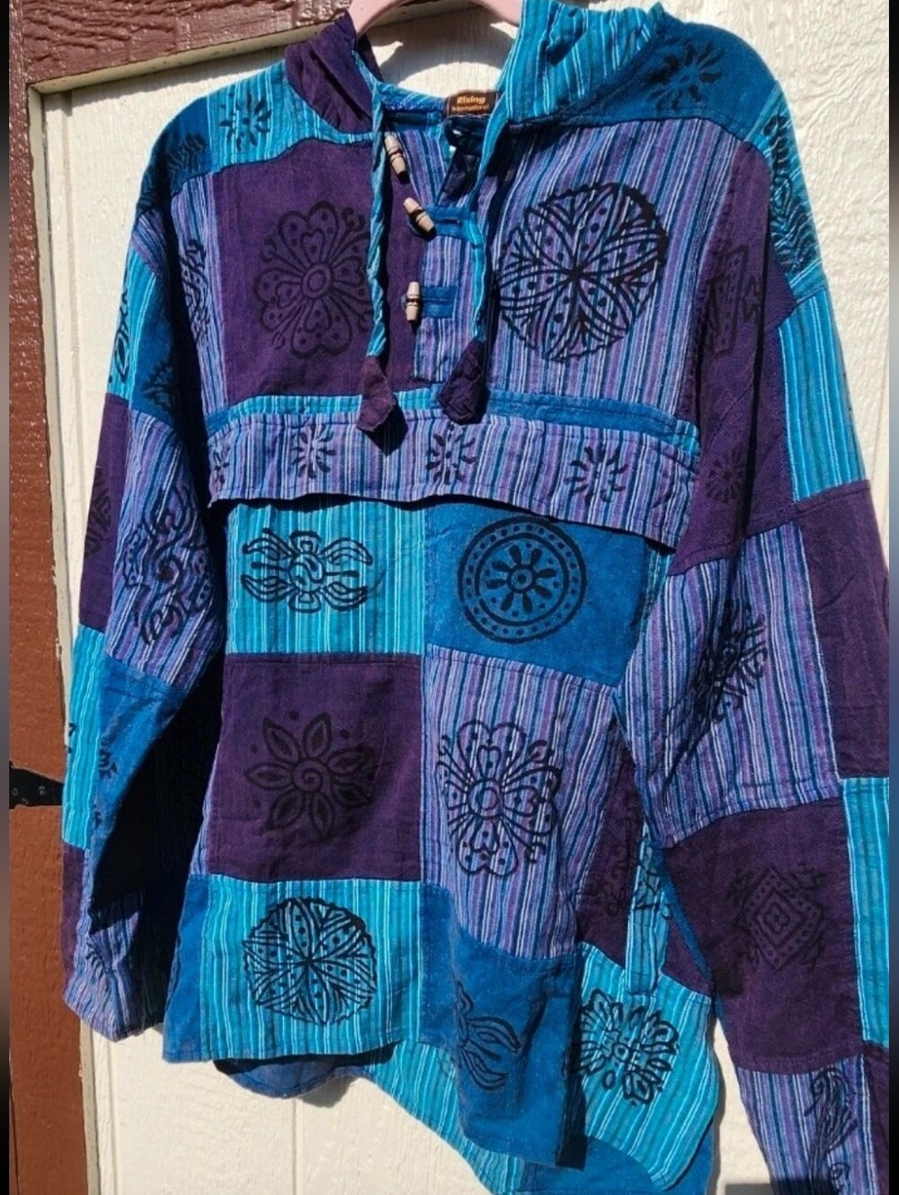 New! Rising International 100% Cotton Boho Blockprint Patchwork Hoodie, NWT - Picture 3 of 6